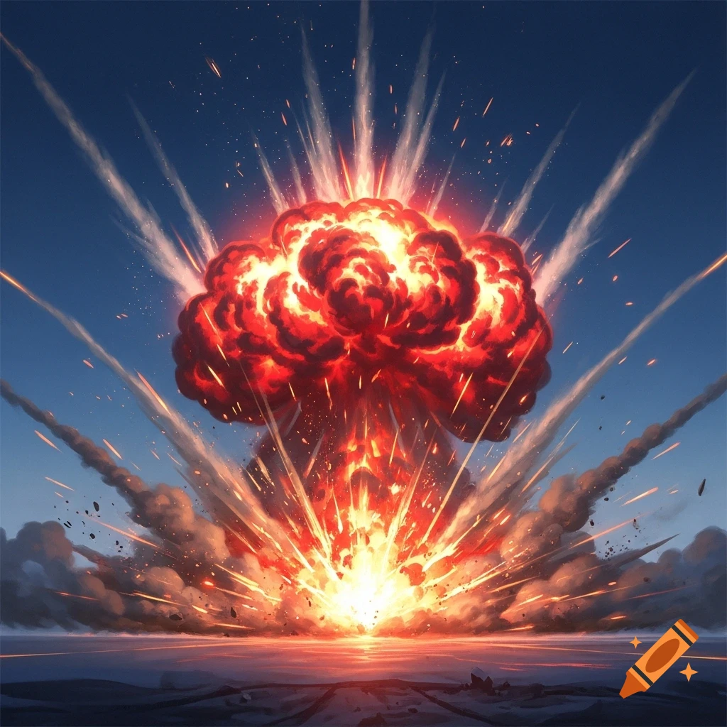 A massive, bright orange and red explosion forms a mushroom cloud against a deep blue sky, with debris flying outwards.