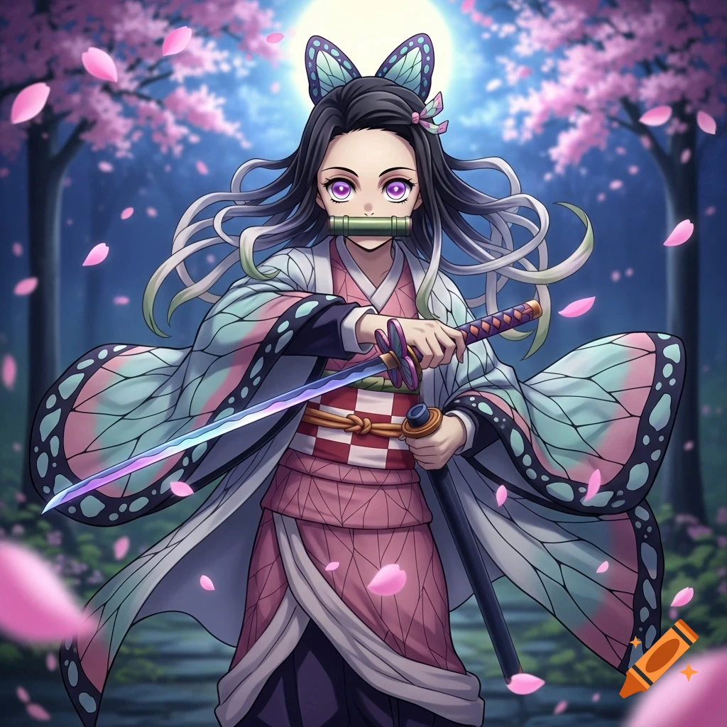 Anime girl with dark hair, purple eyes, bamboo muzzle, and butterfly kimono holds a sword in a cherry blossom forest under a full moon.