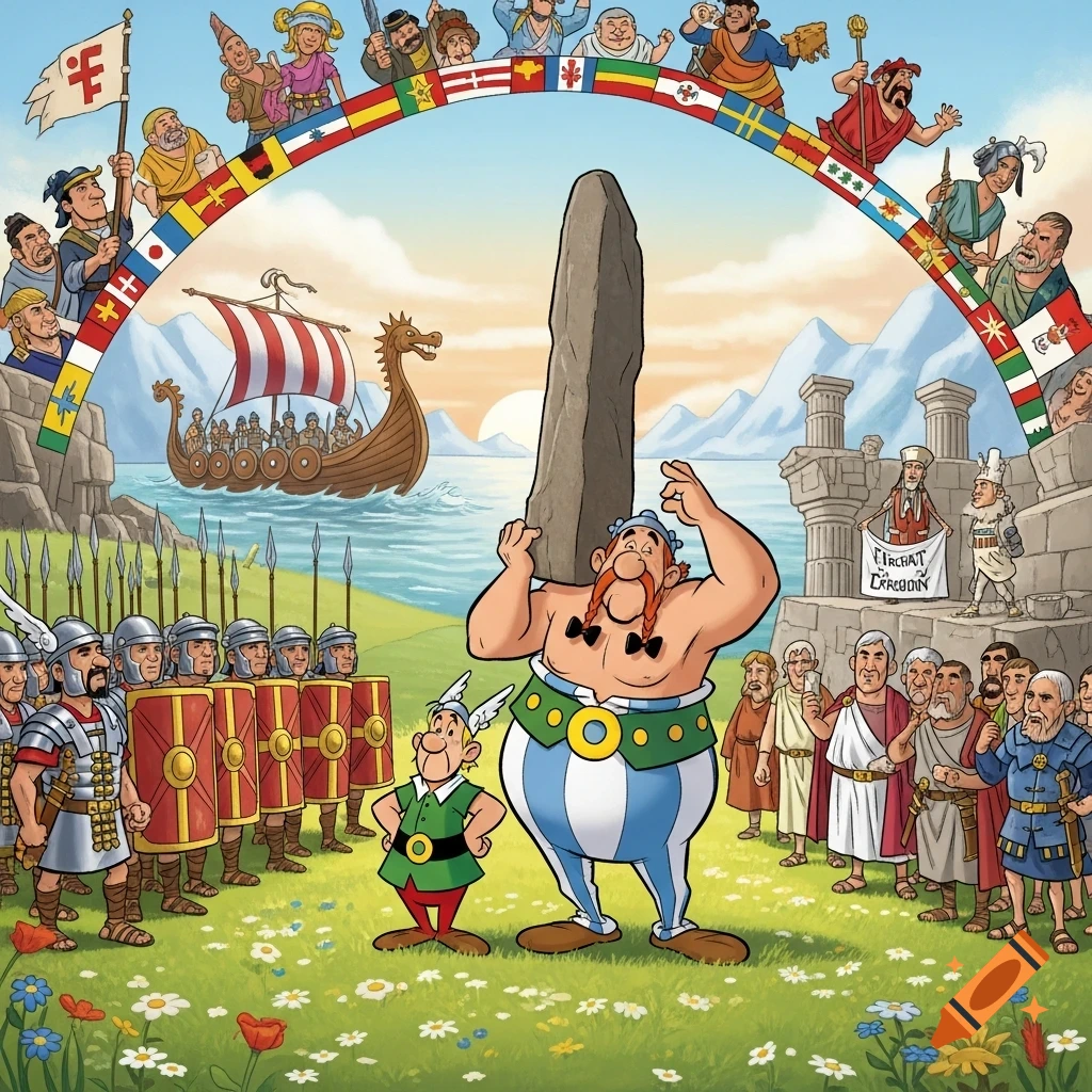 Obelix carries a menhir while Asterix stands nearby, surrounded by Roman soldiers, Vikings, and diverse people under an arch of national flags, in a vibrant cartoon style.