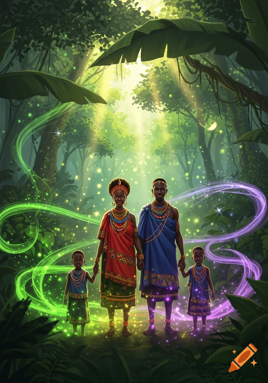 An illustrated family in traditional clothing stands amidst glowing green and purple magic in a sunlit jungle.
