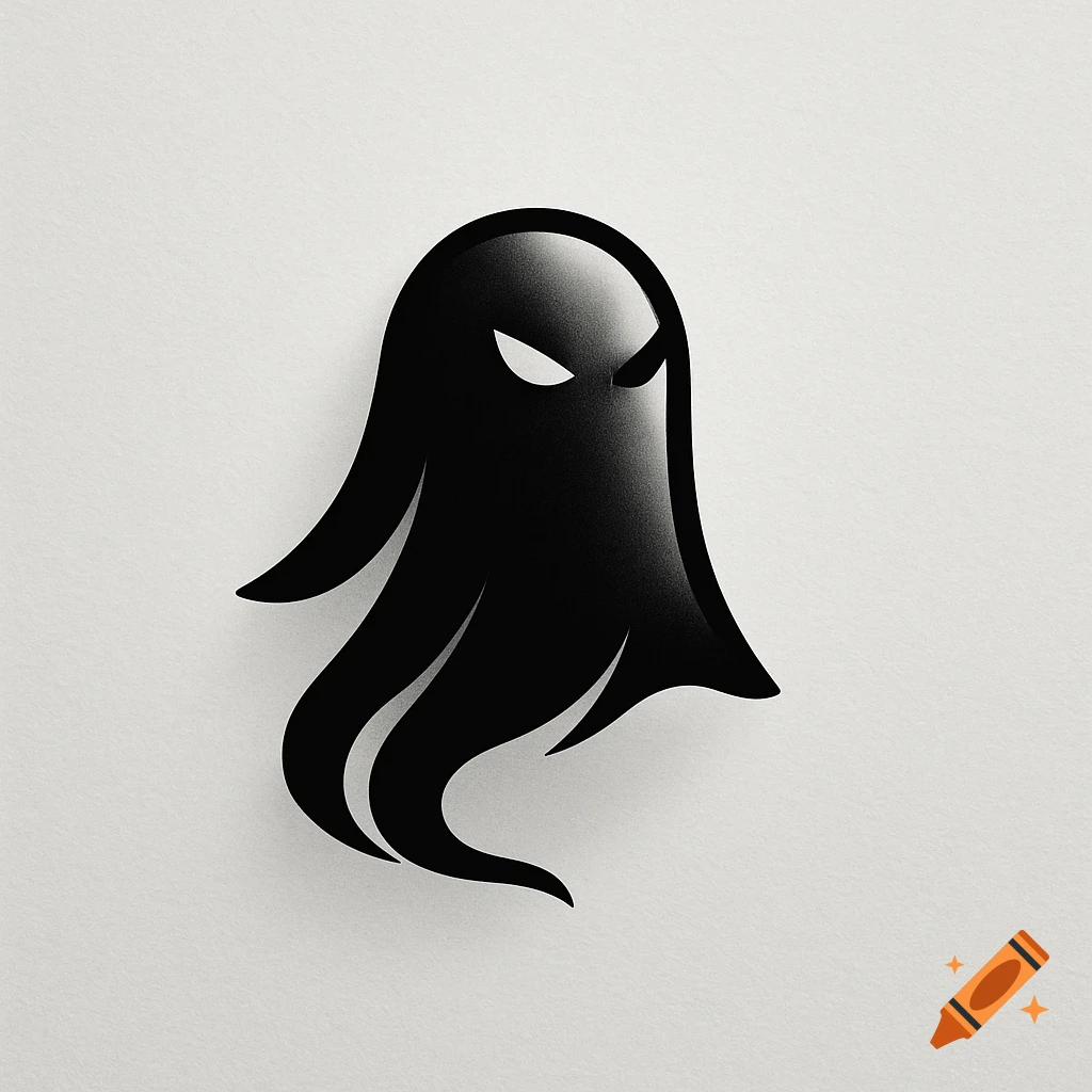 A minimalist black ghost logo with white eyes and a subtle gradient on a light grey background.