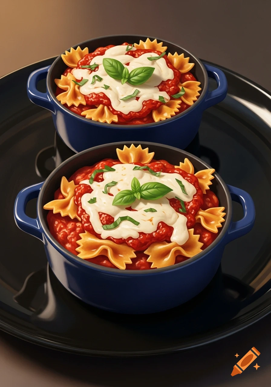 Two blue mini pots of farfalle pasta with tomato sauce, melted mozzarella, and basil, on a black plate.