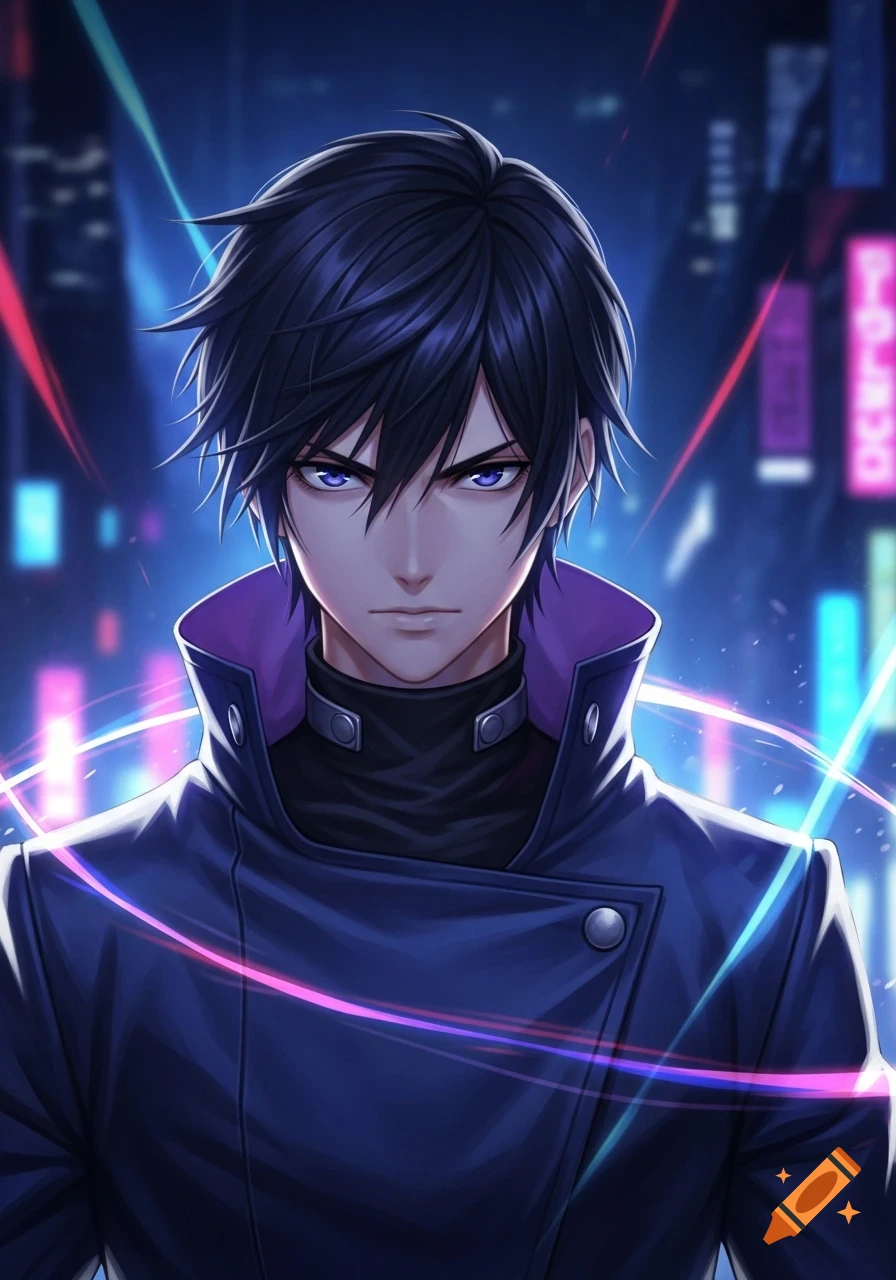An anime male with black hair and purple eyes in a dark jacket stands against a neon-lit futuristic city background.