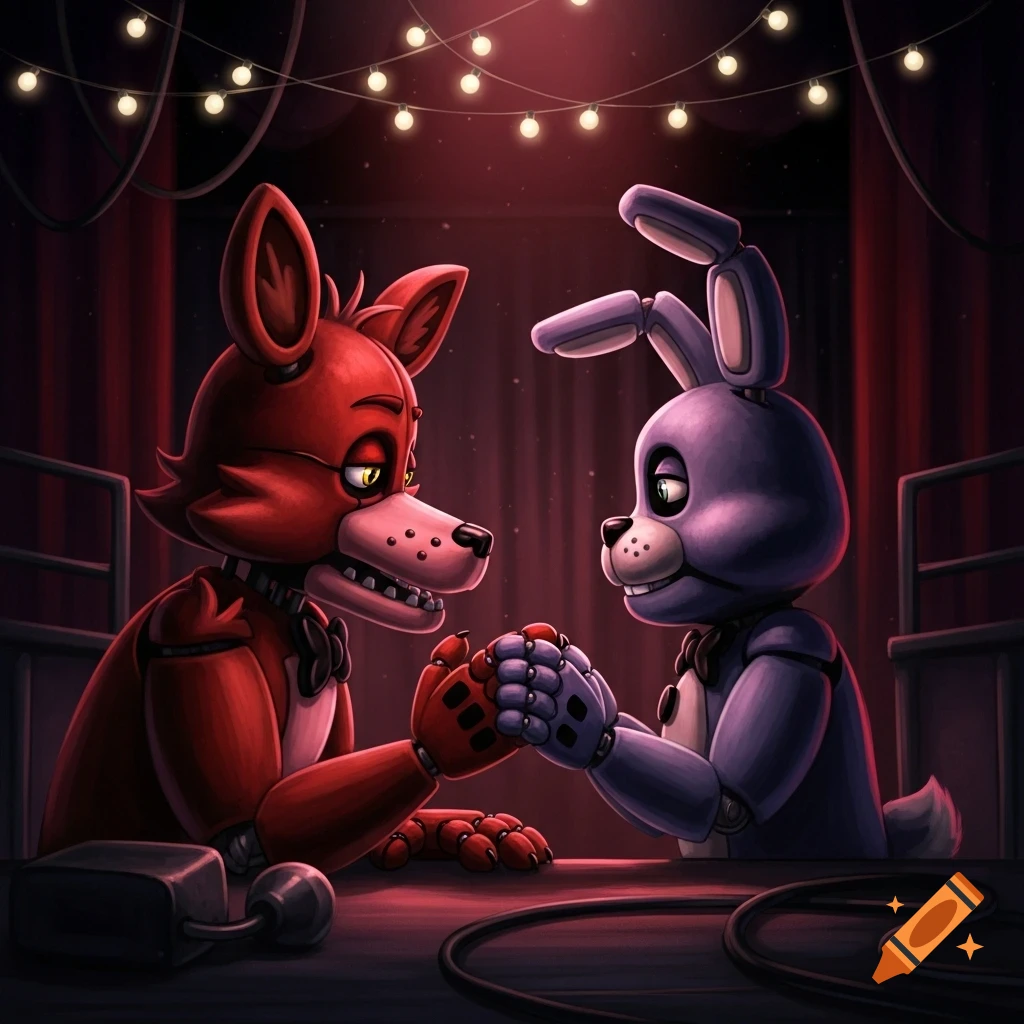 Red fox and purple rabbit animatronics from Five Nights at Freddy's holding hands in a dimly lit setting with string lights, digital art.
