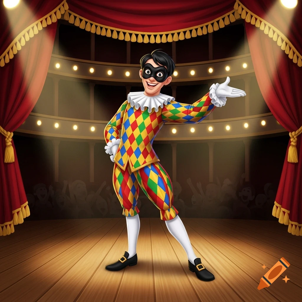 A smiling cartoon Arlecchino in a colorful diamond-patterned costume and black mask poses on a wooden theater stage with red curtains.