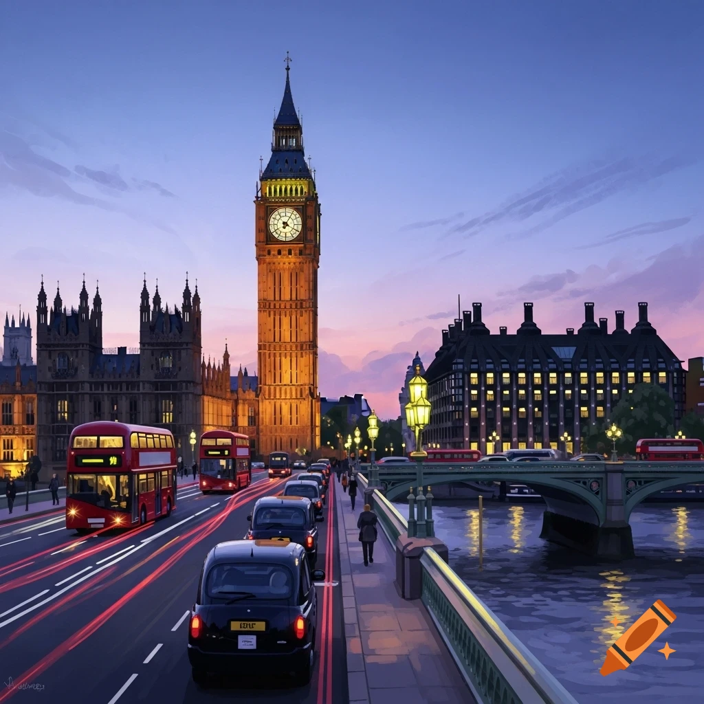 A stylized painting of London at dusk, featuring Big Ben illuminated, red double-decker buses, black cabs with light trails, and the Houses of Parliament along the River Thames.