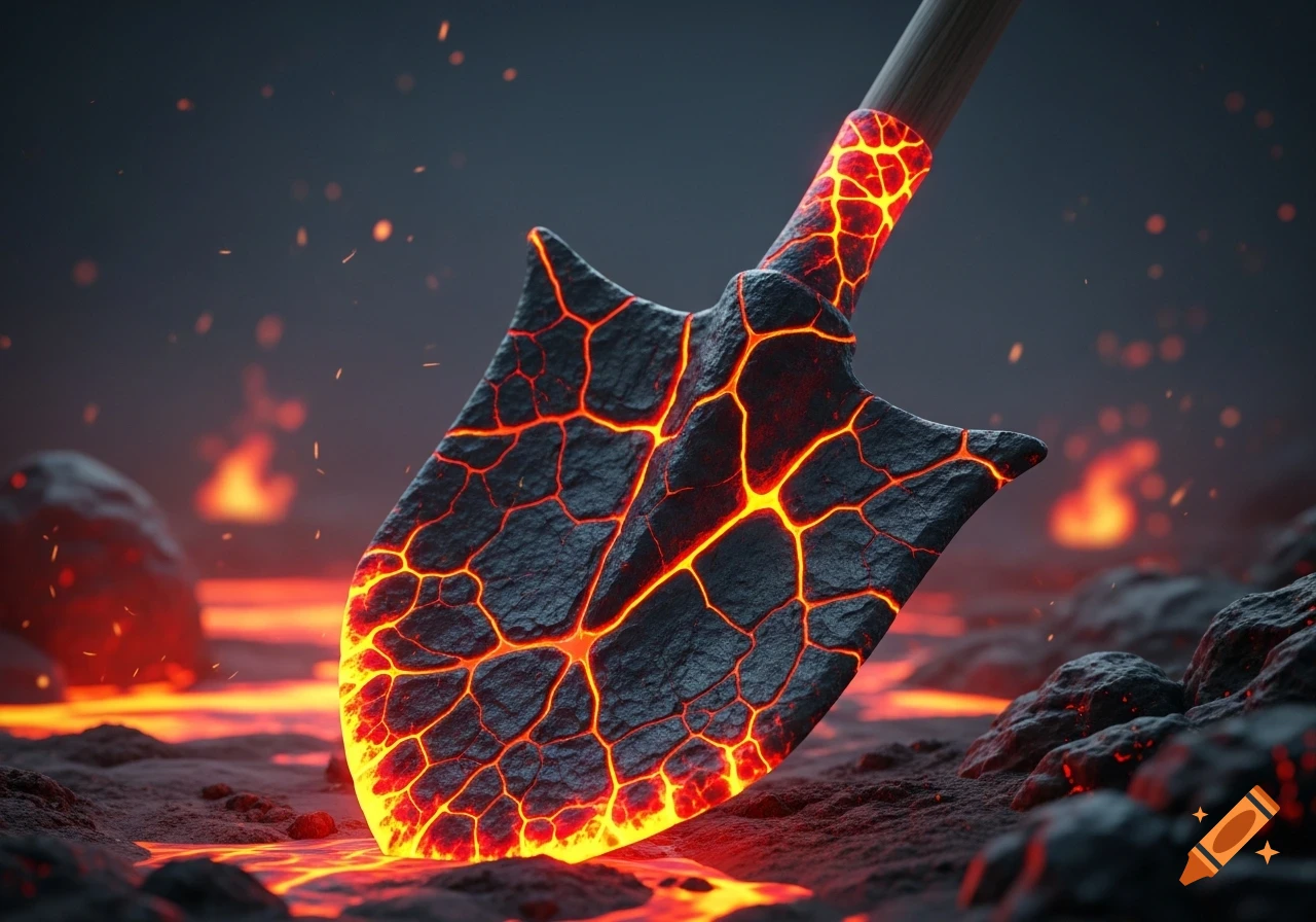 A close-up of a glowing lava rock shovel standing upright in a volcanic landscape with molten lava and flying sparks.