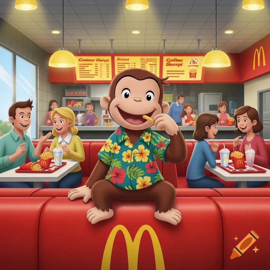 Curious George in a tropical shirt happily eats french fries while sitting on a red McDonald's booth with other diners in the background, in a cartoon style.