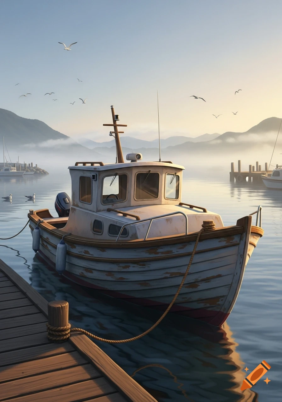A small, weathered motorboat is tied to a wooden dock in a calm harbor, with misty mountains and seagulls in the background under a soft sky.