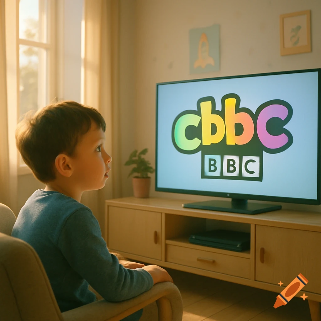 A young boy sits in a chair watching the CBBC logo on a television in a sunlit living room.