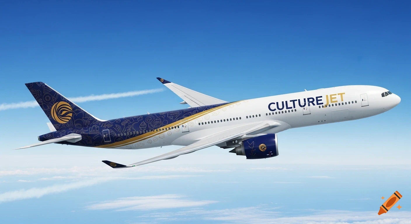 A white, navy blue, and gold CultureJet airplane with intricate patterns on its livery, flying against a clear blue sky.
