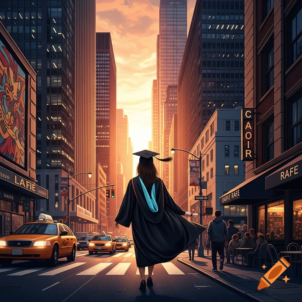 A college graduate in a cap and gown walks through a bustling city street at sunset, surrounded by tall buildings and taxis.