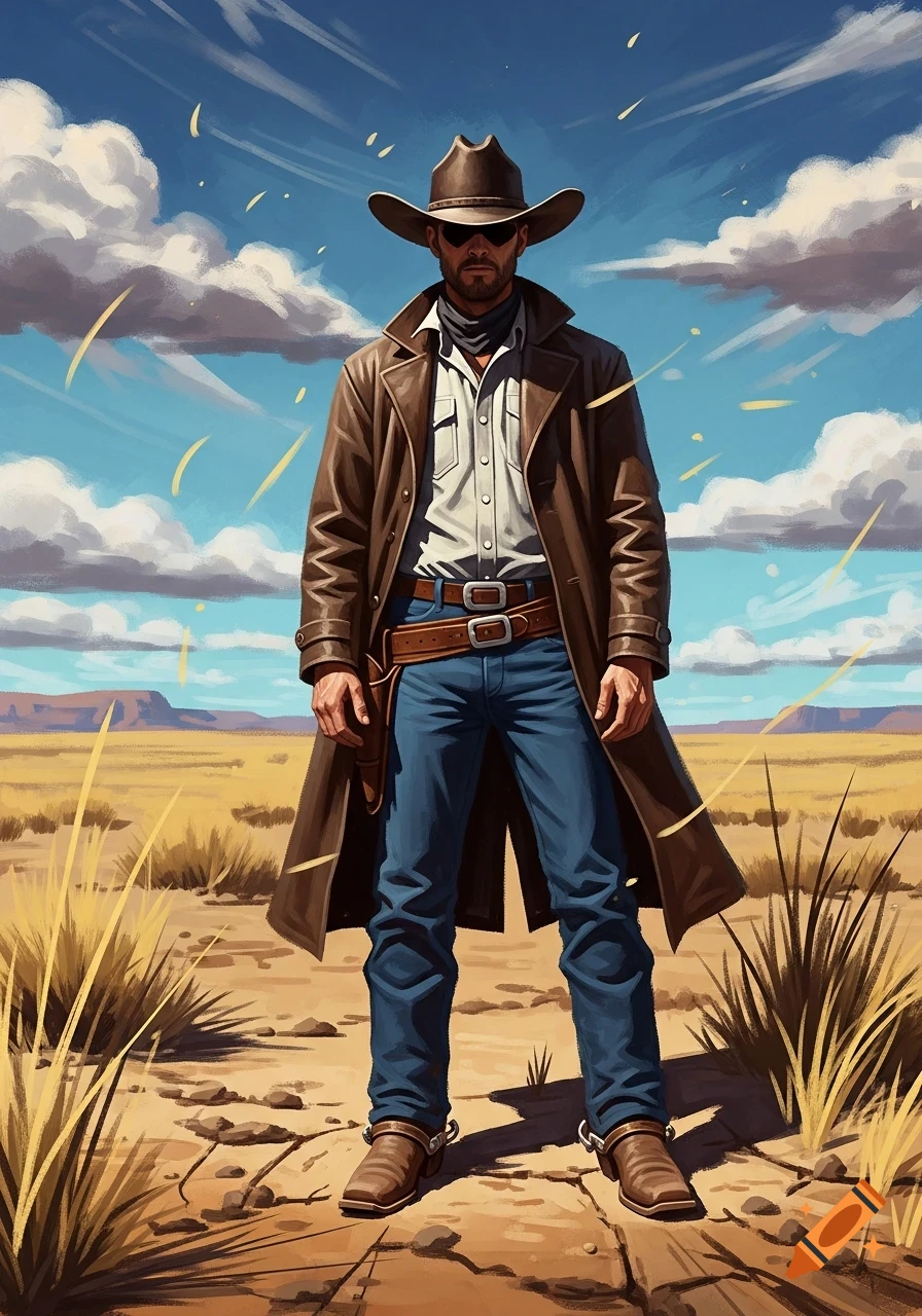 A stylized painting of a rugged cowboy in a duster coat, hat, and sunglasses standing in a dry, open landscape under a cloudy sky.