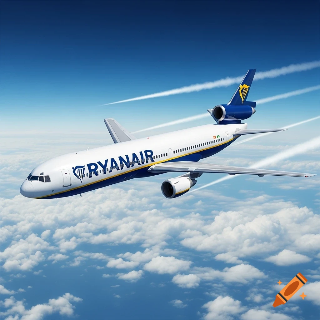 A photorealistic Ryanair MD-11 airplane flies above white clouds in a bright blue sky.