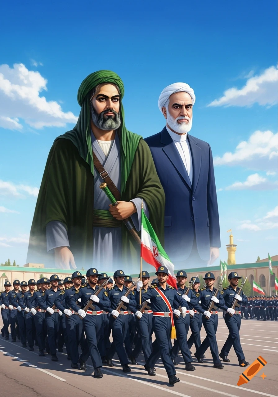 An illustration of Imam Ali and a contemporary leader overseeing a parade of police cadets carrying rifles and an Iranian flag under a clear blue sky.