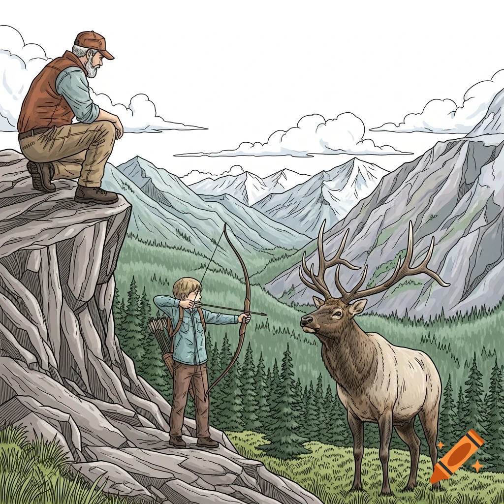 Hand-drawn illustration of a boy aiming a bow and arrow at a bull elk, watched by his father from a cliff in a mountain landscape.