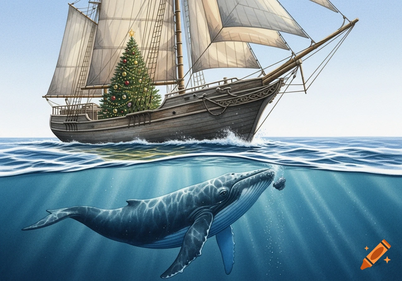 Realistic watercolor of an old schooner with a Christmas tree on deck, sailing over a whale swimming underwater in a split ocean view.