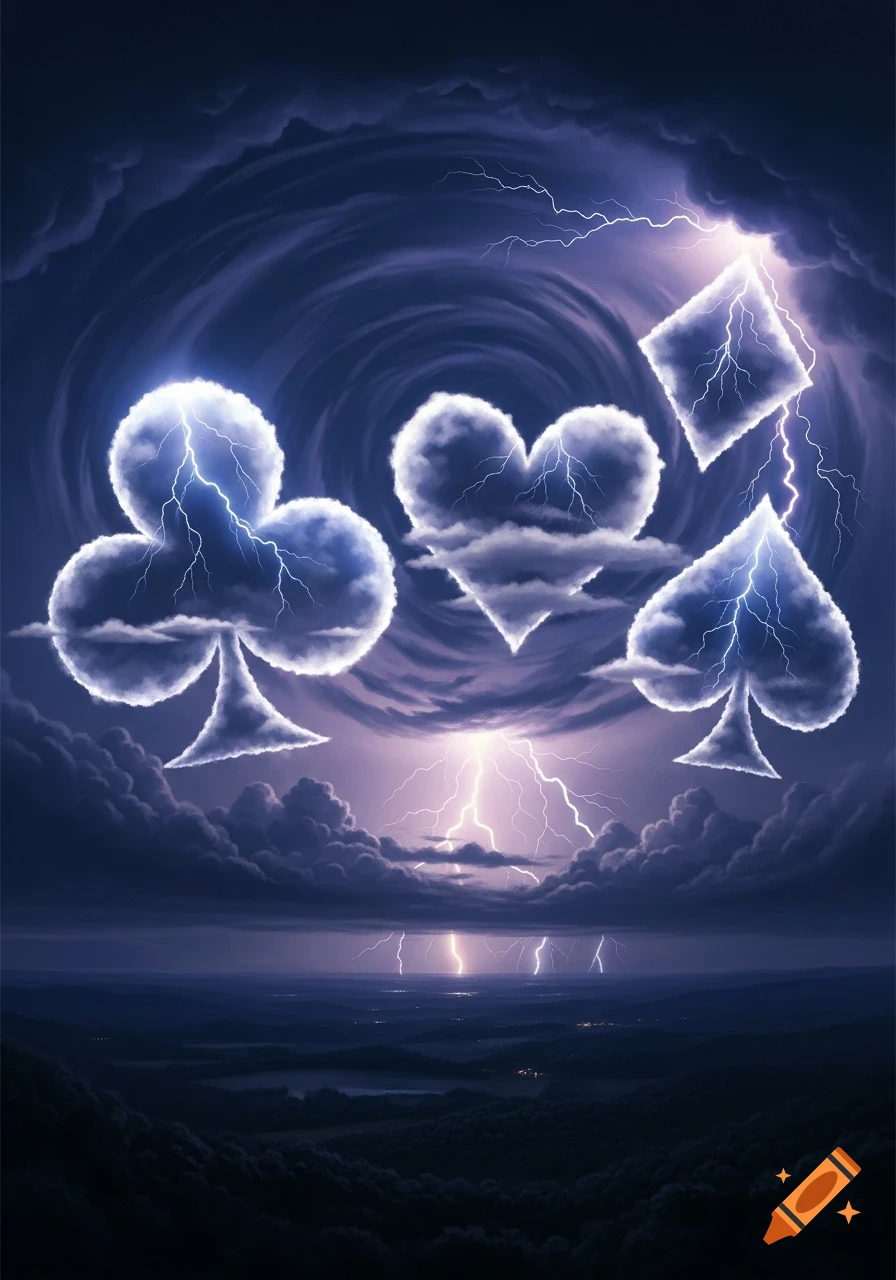 Cloud formations shaped like poker card suits (club, heart, diamond, spade) with lightning in a stormy sky.
