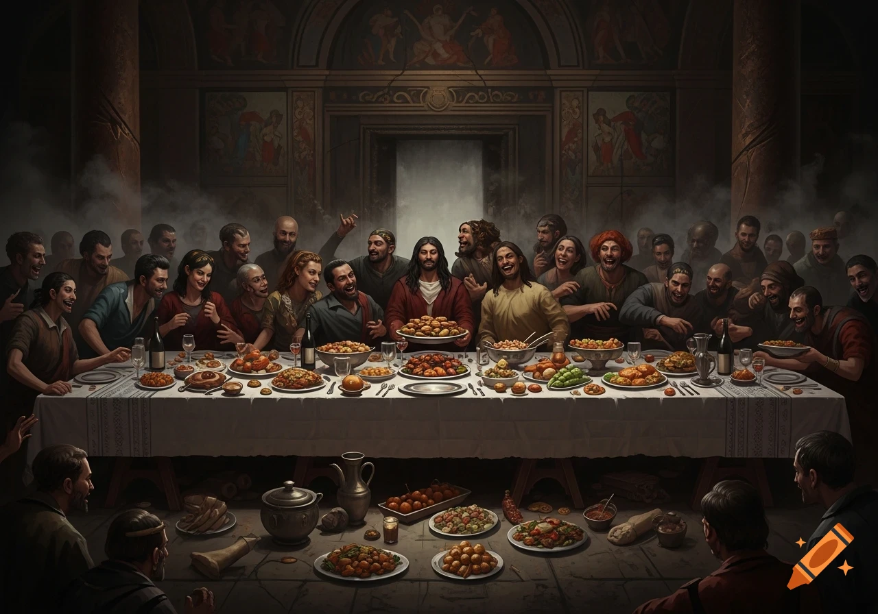 A dramatic, dark painting resembling the Last Supper, depicting a large gathering of people at a long table laden with food, many with exaggerated, laughing, or shouting expressions, in a dimly lit, ornate hall.
