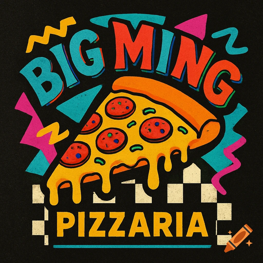 Colorful 90s style logo for Big Ming Pizzeria featuring a large slice of pizza dripping cheese.