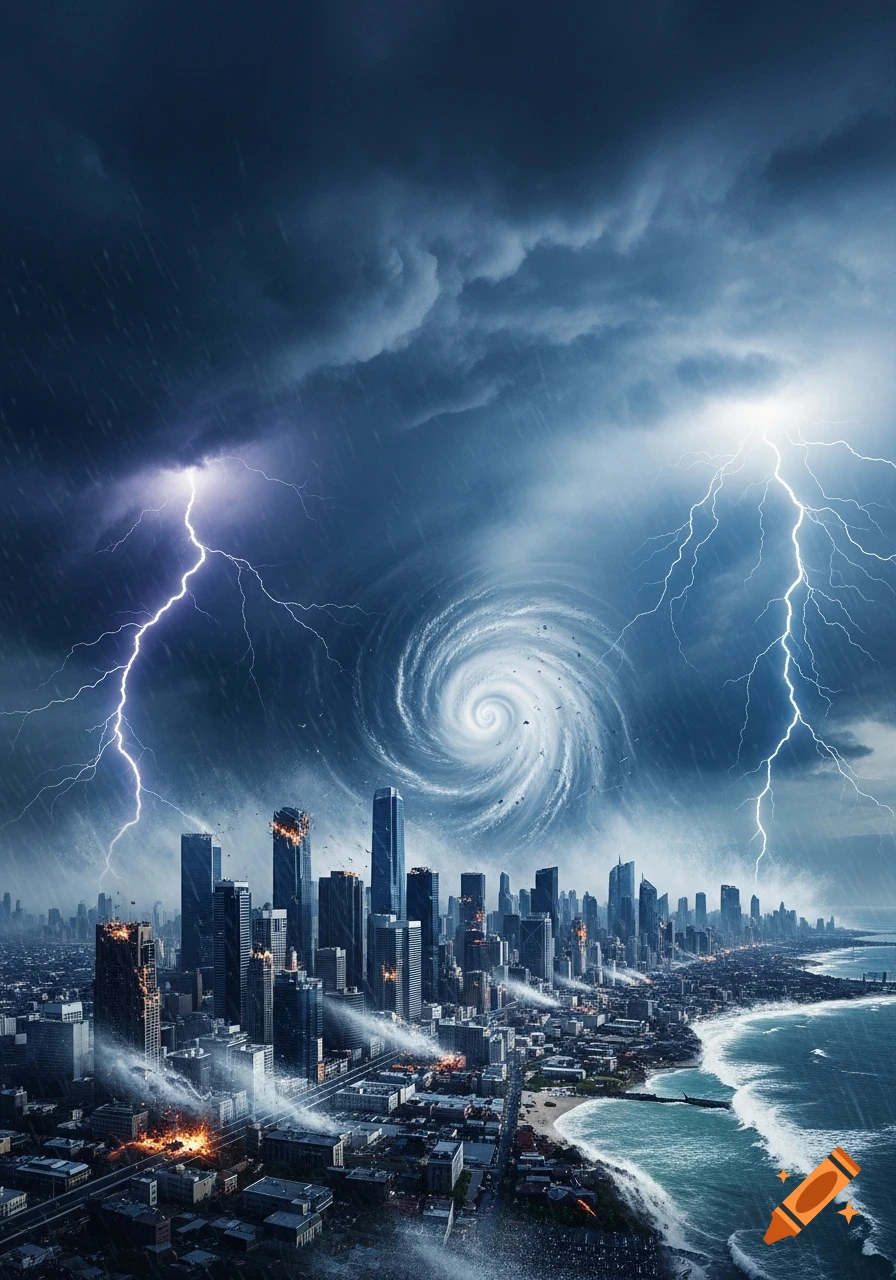 A massive hurricane with a swirling vortex and lightning strikes over a modern city skyline, showing widespread destruction and heavy rain.
