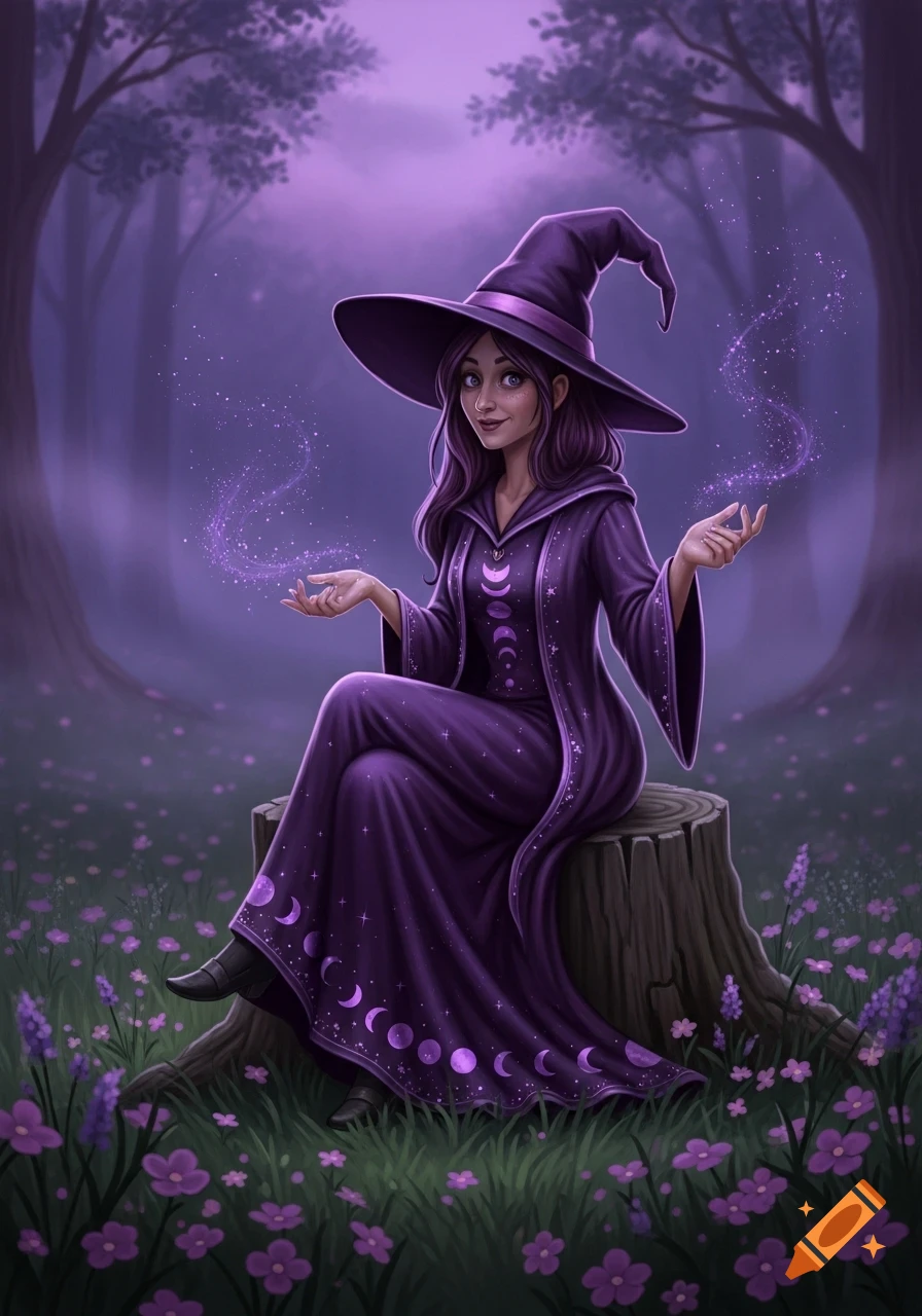 A purple witch in a pointy hat sits on a tree stump in a magical purple forest, casting a sparkling spell.