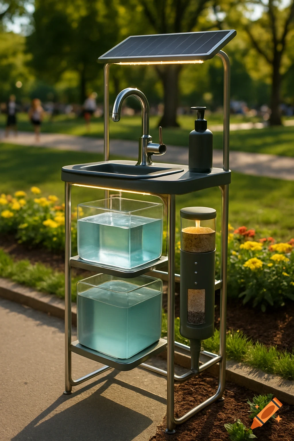 Photorealistic image of a solar-powered portable Eco-Wash Station with a faucet, sink, soap dispenser, water tanks, and a greywater filter, set in a sunny park.