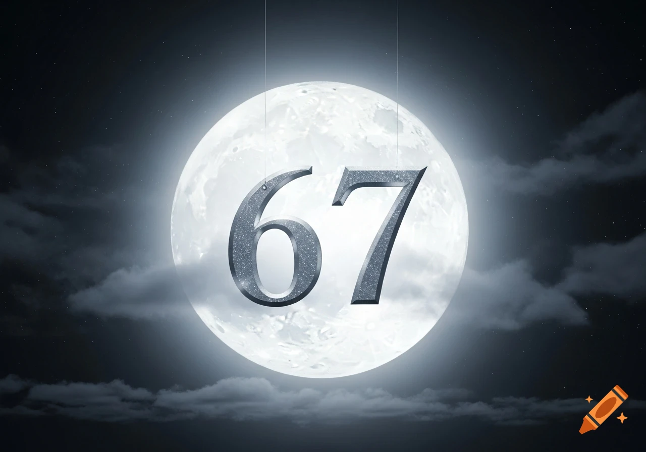 The numbers 67, rendered in a sparkling silver texture, hang suspended in front of a glowing full moon in a dark, cloudy night sky.