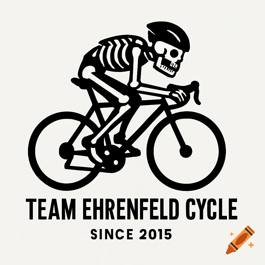 Black and white pictogram of a skeleton wearing a helmet, riding a road bike, with text 'TEAM EHRENFELD CYCLE SINCE 2015'.