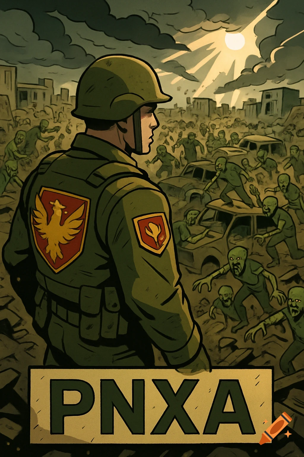 Cartoon military soldier with a phoenix emblem on his back faces a horde of green zombies in a ruined city under a stormy sky. Text: PNXA.