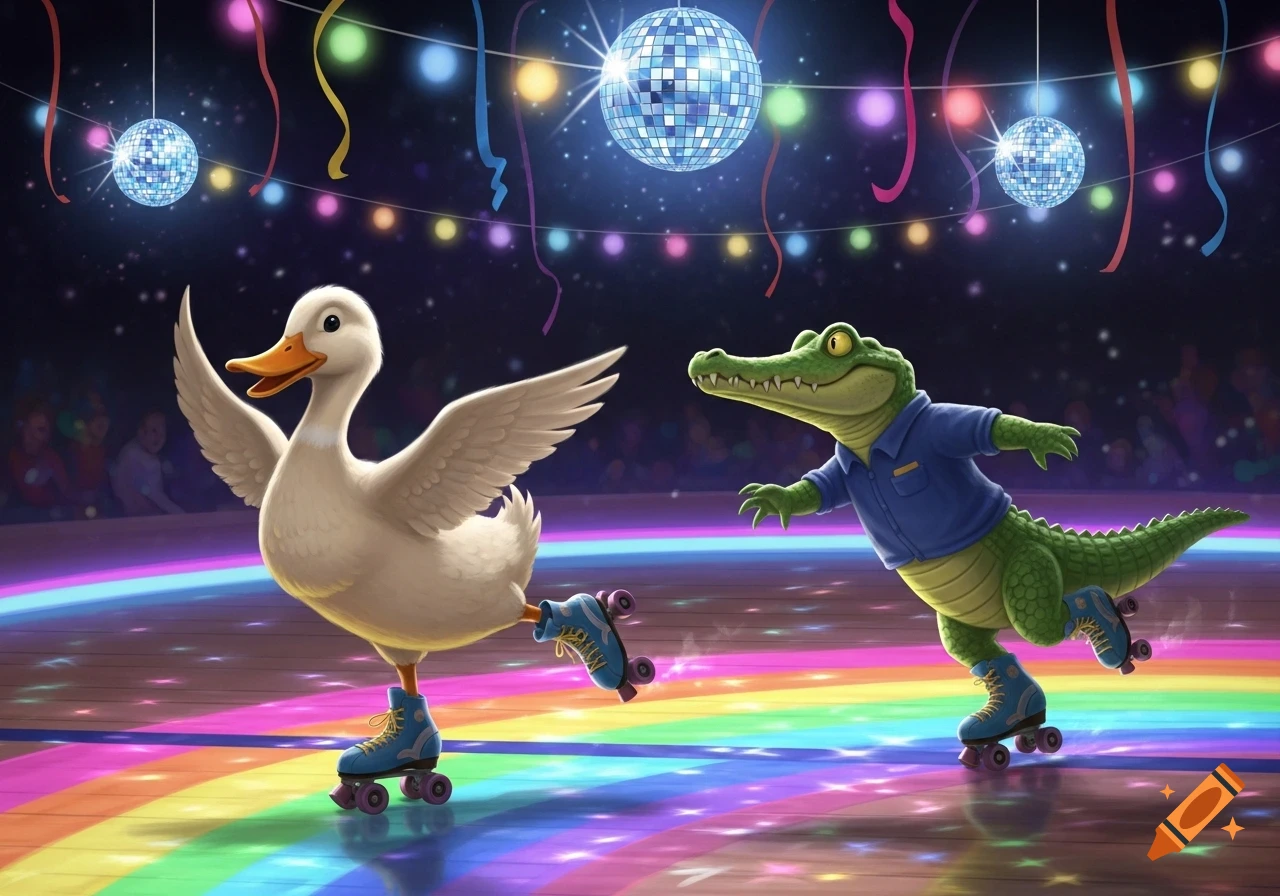 A cartoon duck and crocodile joyfully roller skate across a vibrant rainbow floor in a disco-lit rink with mirror balls and streamers.
