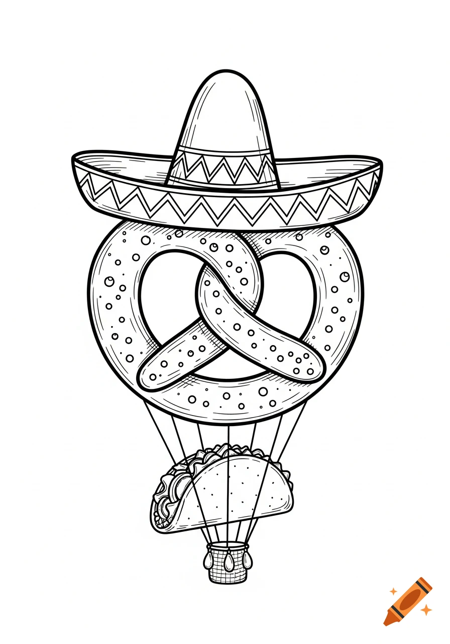 Line art drawing of a pretzel with a sombrero on top and a taco hanging below, like a hot air balloon.