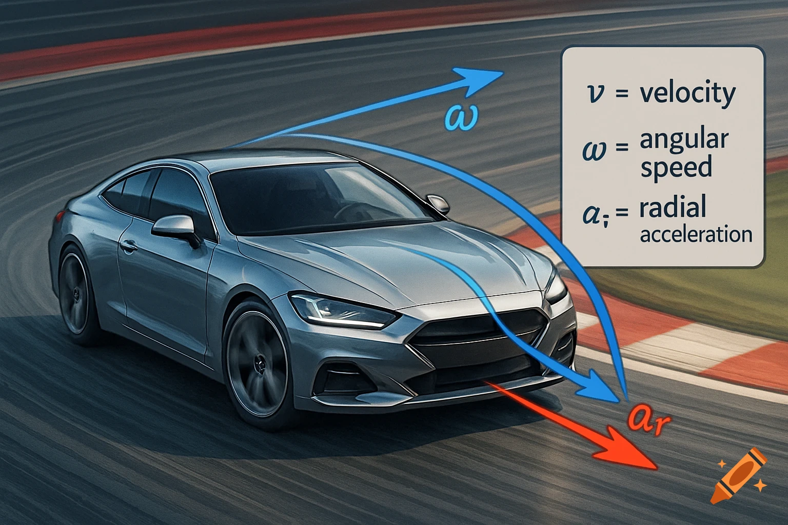 A silver car drives on a race track, with blue and red arrows illustrating angular speed and radial acceleration, accompanied by a physics legend.