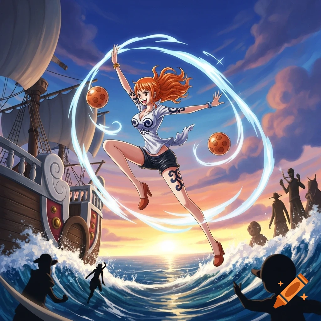 Anime illustration of Nami from One Piece leaping over ocean waves with a ship in the background at sunset, wielding her climate powers.