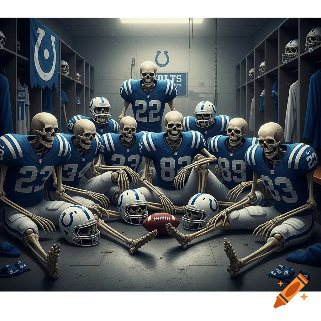 Hyperrealistic image of a team of skeletons in blue NFL Colts football uniforms sitting in a locker room with helmets and a football.