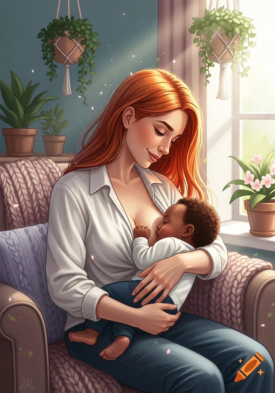 A redheaded woman lovingly breastfeeds a baby in an armchair in a bright room with plants, digital illustration.