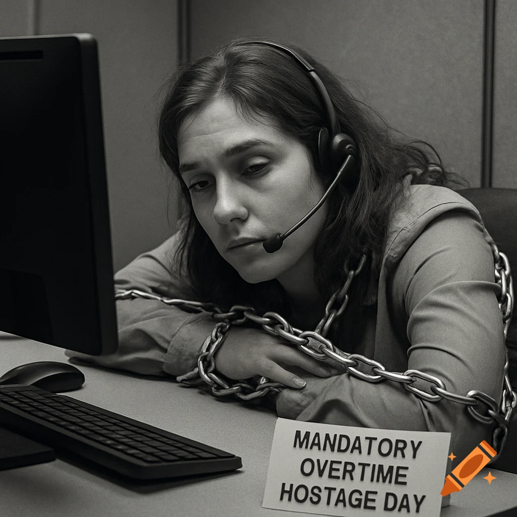 A distressed, tired call center employee, chained to her desk with a headset on, sits in front of a computer. A sign reads 'Mandatory Overtime Hostage Day'.