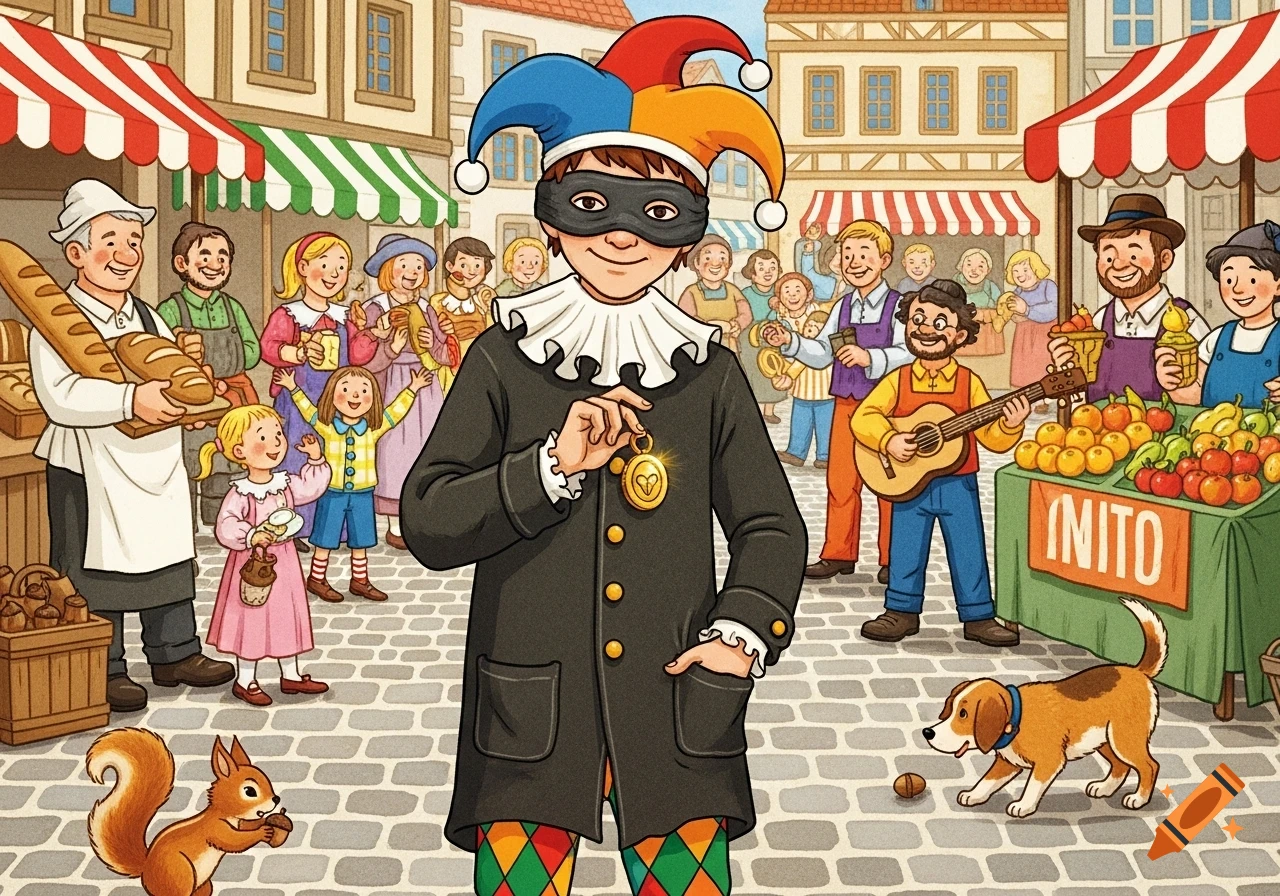 A cartoon illustration of a jester in a bustling market square with vendors, townspeople, a dog, and a squirrel.