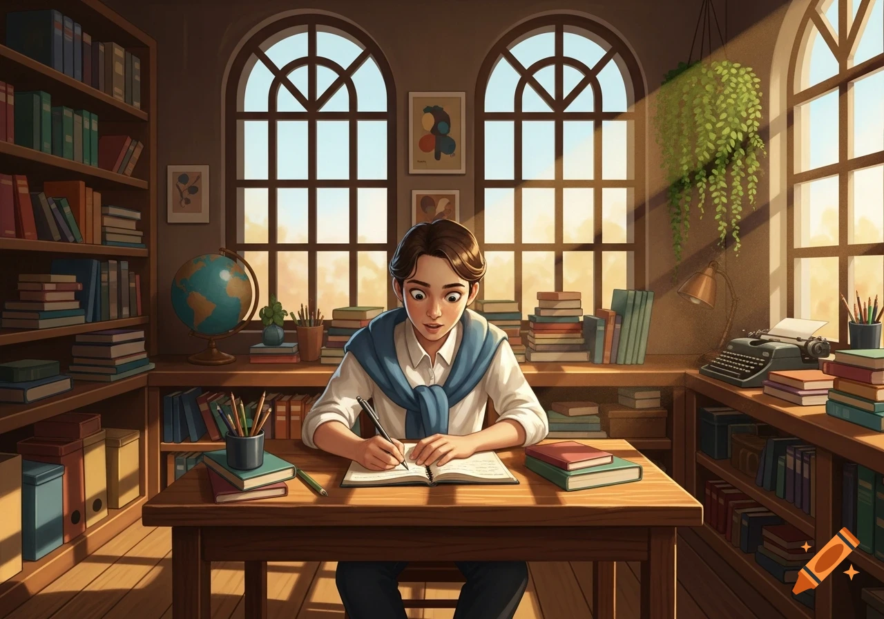 A stylized illustration shows a young student with a blue sweater, sitting at a wooden desk filled with books, writing in a notebook in a sunlit library.