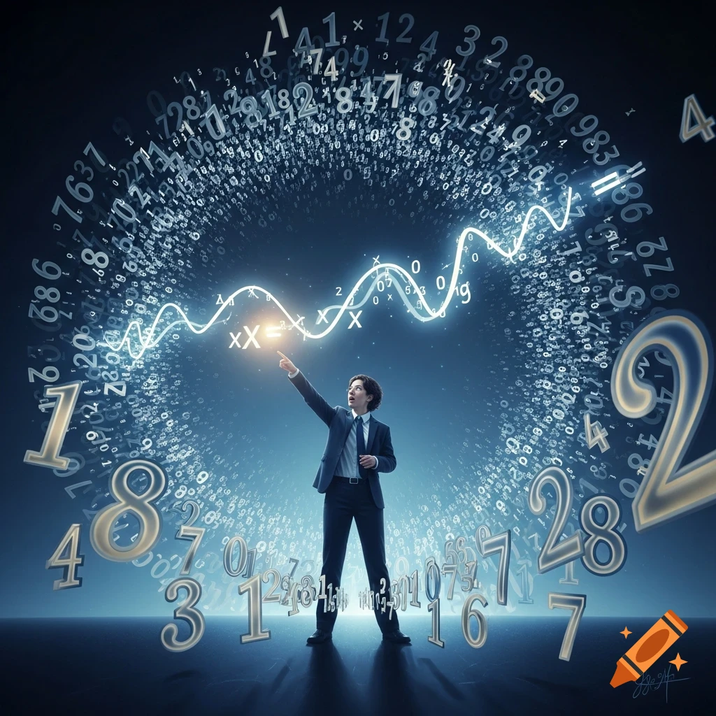 A man in a suit points at a glowing line graph amidst a swirl of numbers in a dark, conceptual setting.