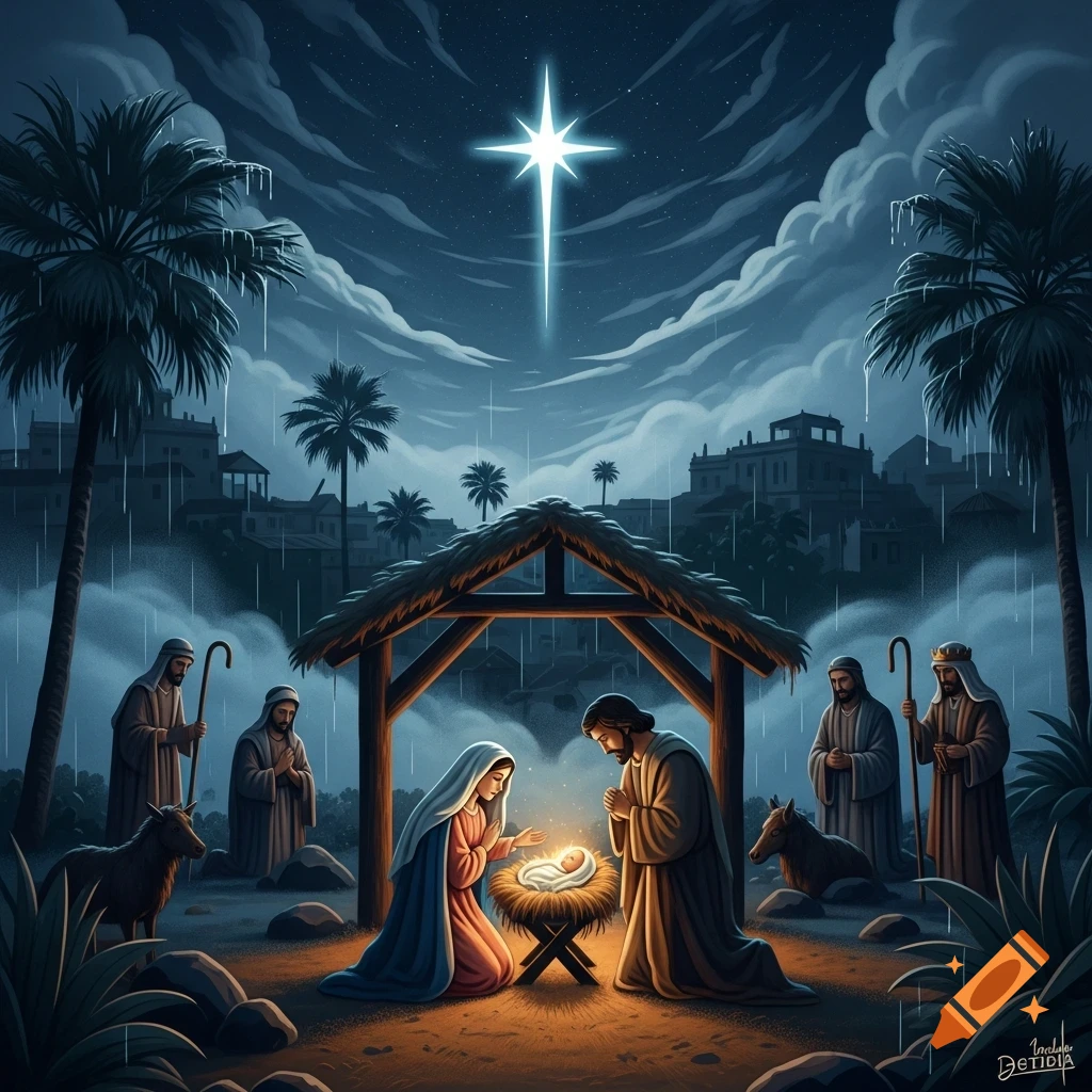 Illustrated Nativity scene at night with Mary, Joseph, and baby Jesus in a manger, shepherds, animals, palm trees, falling rain, and a bright star.