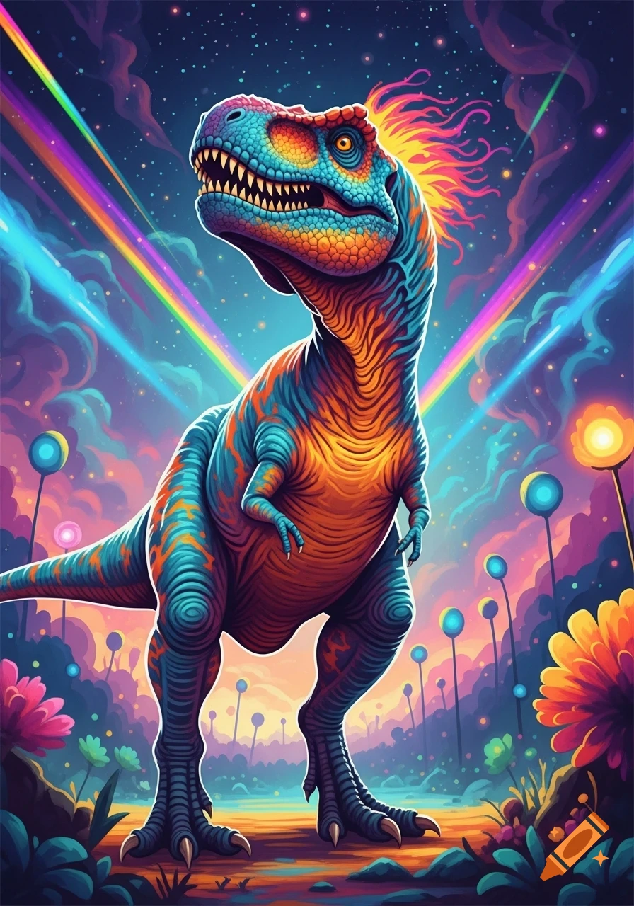 A vibrant, stylized dinosaur with blue, orange, and red patterns stands in a glowing psychedelic fantasy landscape with rainbows and stars.
