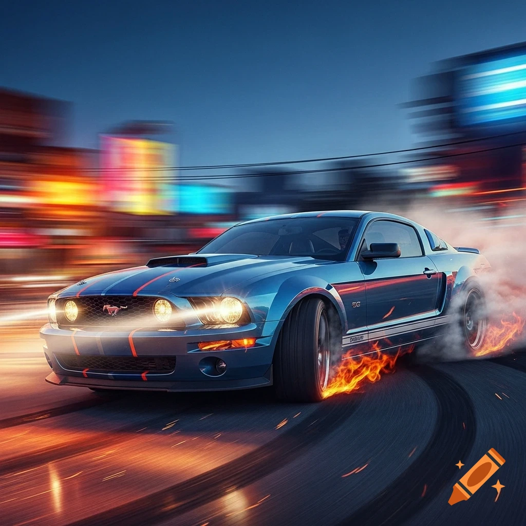 Blue Ford Mustang with red stripes drifts on a street at night, trailing fiery smoke, with blurred city lights.