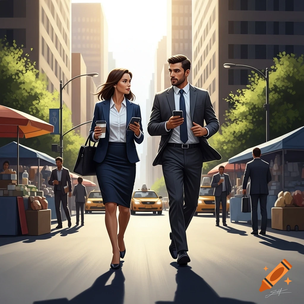 A professional man and woman walk purposefully on a city street, past market stalls and yellow cabs, bathed in bright sunlight.