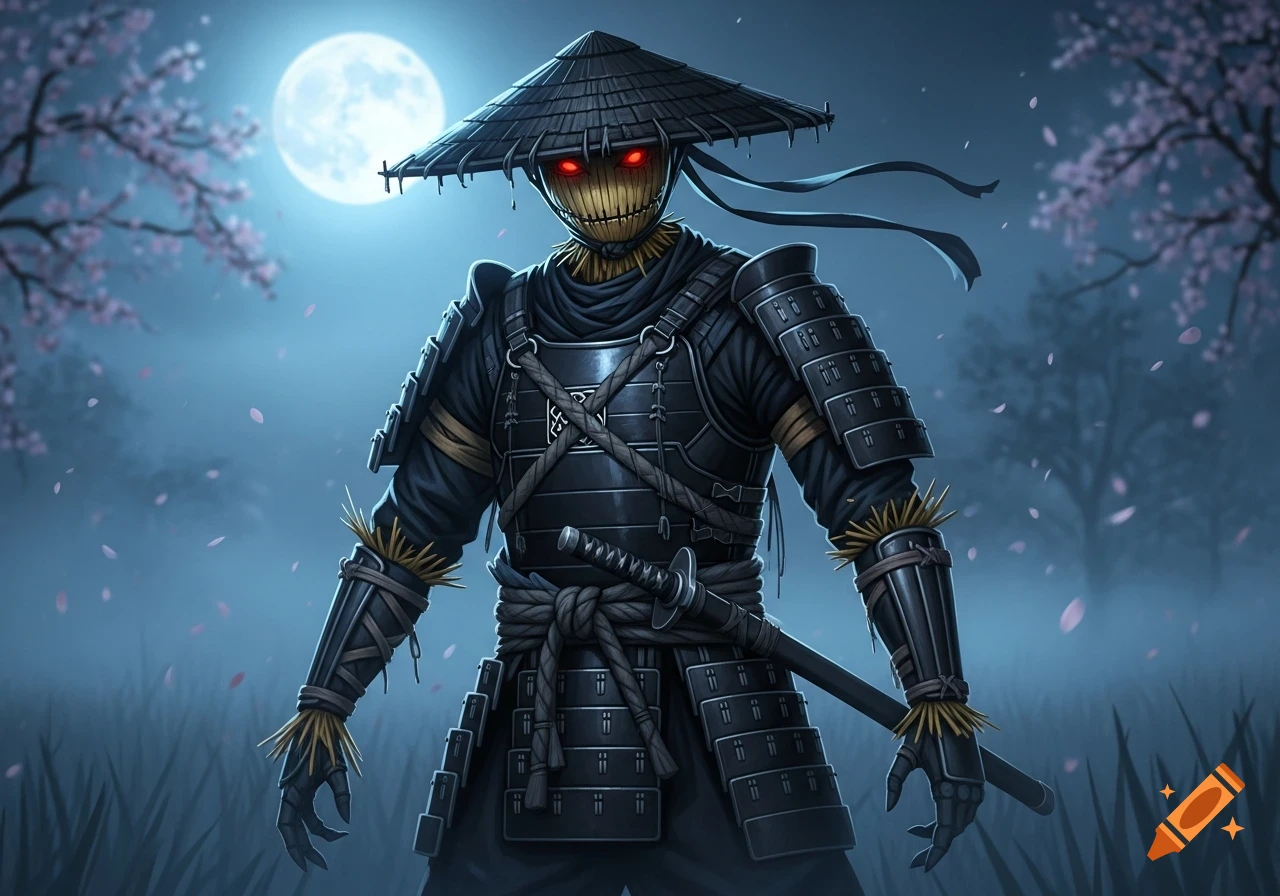 A tactical scarecrow samurai ninja with glowing red eyes and a straw face, wearing black armor, under a full moon amidst falling cherry blossoms and mist.