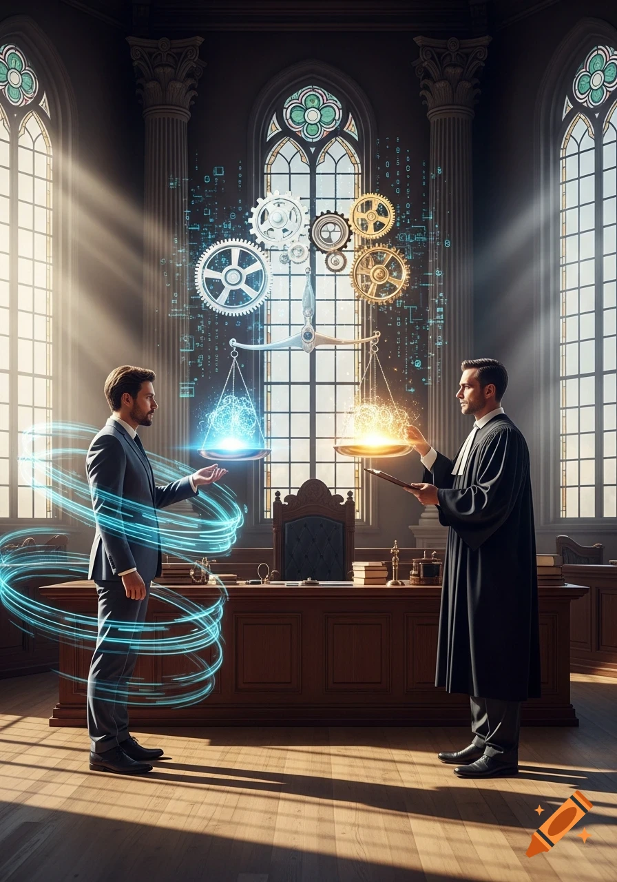 A lawyer and a judge in a courtroom, balancing glowing digital brains and fiery particles on scales, surrounded by gears and code.