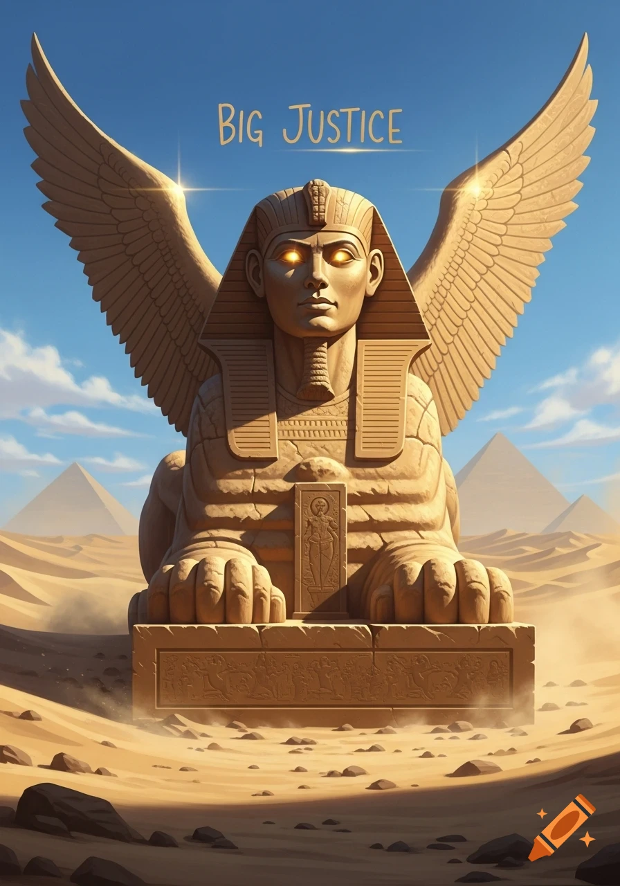A winged sphinx with glowing eyes sits in a desert with pyramids. The text 'BIG JUSTICE' floats above.