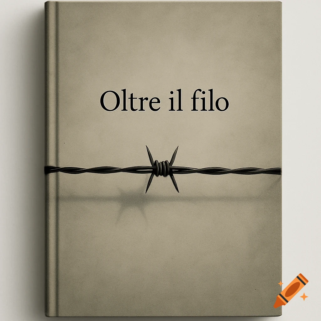 Minimalist book cover, light brown with black barbed wire across center, title 'Oltre il filo' above it.