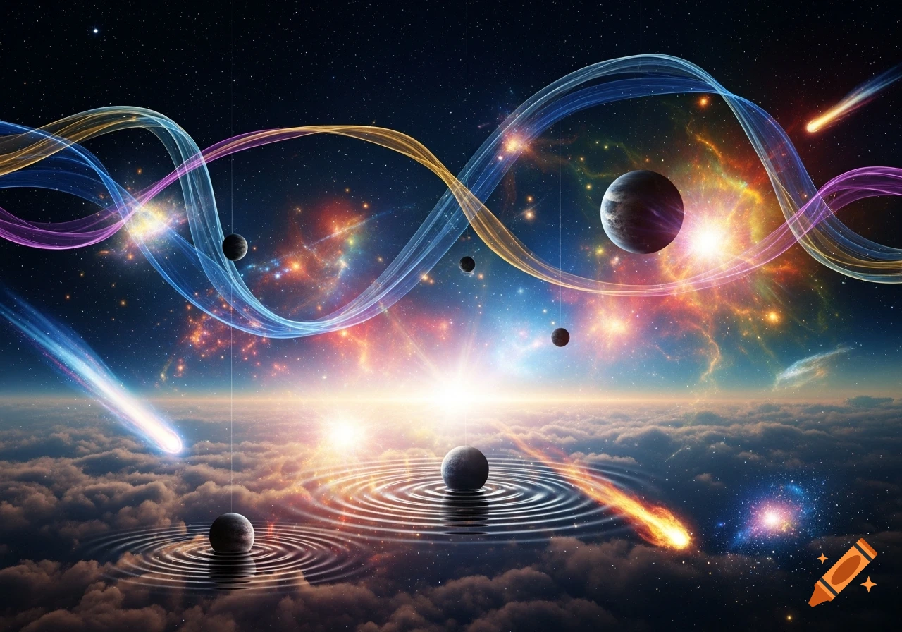 A vibrant cosmic scene with planets, comets, glowing nebulae, and colorful intertwined energy waves above a cloudy horizon.
