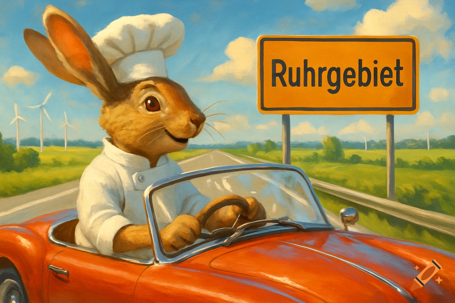A cartoon rabbit chef drives a red convertible past a 'Ruhrgebiet' sign on a highway, rendered in an oil painting style.